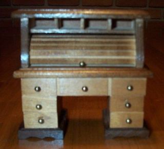 Vintage Dollhouse Roll Top Desk Wood Walnut Finish Roll Top & Drawers 