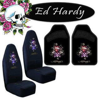 NEW SEAT COVERS UNIVERSAL FIT FLOOR MATS FRONT ED HARDY LOVE KILLS 