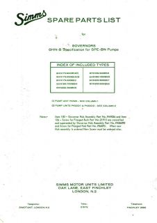 Cav Simms Governors GHN B   and Specification for SPE BN Pumps Parts 