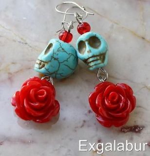   Dead Dia de los Muertos Turquoise Rose Skull Señorita Mexico Earrings