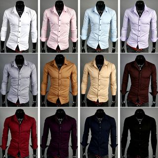 NEW MENS SLIM BASIC LONG SLEEVE CASUAL DRESS SHIRTS 13 COLOR 4 SIZE S 