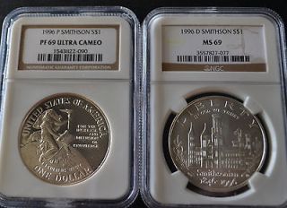 1996 D 1996 P SMITHSONIAN (2 COINS) MS/PR 69 COMMEMORATIVE US SILVER 