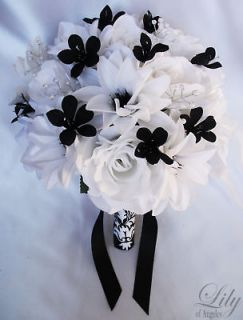   Bridal Bouquet Flower Bride Boutonniere Corsage Silk BLACK WHITE