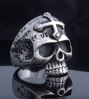 stainless steel skull jaw gothic cross chopper ring us sz