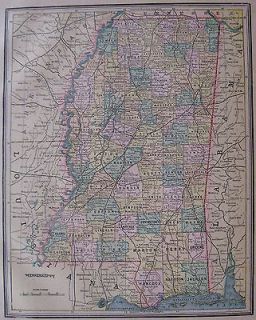 1899 Antique MISSISSIPPI State MAP Vintage 1800s Atlas Map BEAUTIFUL 