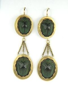   ANTIQUE ENGLISH 15K GOLD IRIDESCENT SCARAB SHELL DROP EARRINGS c1870