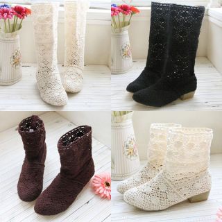   Shoes Lace Cowboy Boots Breathy gauze Mid Calf Boots Wedge Low Heels