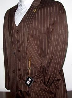 NEW ARRIVAL Stacy Adams Brown w Gold Pinstripe Vested Mens Suit Suits