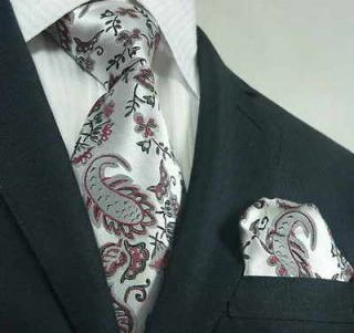   LB74K Silver Red Black Floral Mens Silk Tie Set Tie+Hanky 3 Days Deal