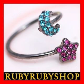 R036 Purple Aqua STAR & MOON Use SWAROVSKI Crystal Ring RUBYRUBYSHOP
