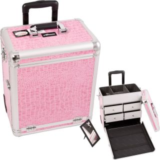 Pro Rolling Makeup Train Case Organizer E630 Crocodile Pink Aluminum 
