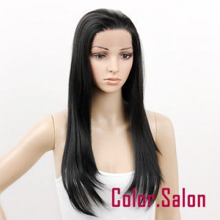 HAND TIED Synthetic Hair LACE FRONT FULL WIGS GLUELESS Silky Off Black 