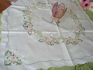 peach roses on satin white cut work 36 tablecloth from