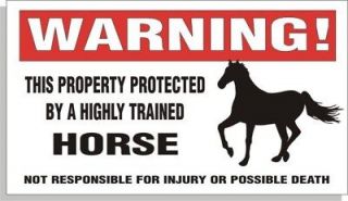 Warning DECAL trained HORSE for farm barn fence bumper or window 