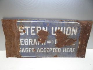 Antique Old Metal Enamel Damaged Western Union Telegraph Double Sided 