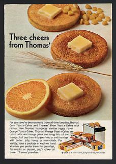 1969 Thomas Orange Toast r Cakes ad ~ english muffins ~ Bran ~ Toaster 