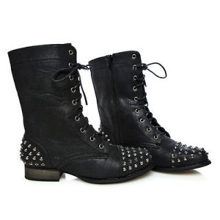 Biker Chic Spiky Studded Distressed Lace up Military Combat Mid calf 