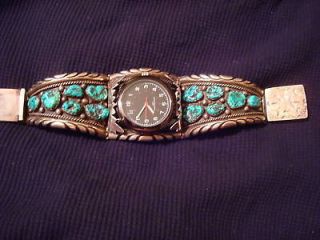  MASSIVE STERLING SILVER & TURQUOISE OLD PAWN NAVAJO WATCH VERY HEAVY