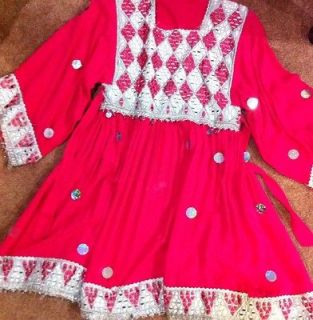 Afghan Traditional Dress In Coral With Silver Sequins & embroidery 3 