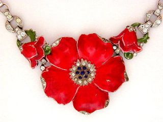 TRIFARI Enamel Flower NECKLACE~PHILI​PPE~EUC~RED Poppy~1940~TKF 