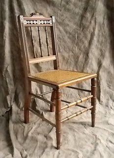 ANTIQUE WOOD CHAIR   HAND CARVED W/ CANE SEAT   VERY FINE VINTAGE 