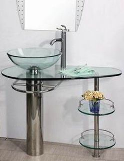   Bathroom Clear Tempered Glass Vessel Sink & Vanity w/ Faucet Bath x014