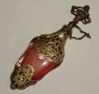 Antique French Ruby Glass Vermeil Gilt Silver Chatelaine Perfume Scent 