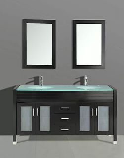 Double Sink Bathroom solid wood Vanity, Tempered Glass countertop 