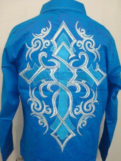 VICTORIOUS SHIRT MEN BLUE CASUAL STONES CROSS EMBROIDER STUD CLUB 