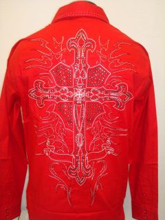 VICTORIOUS SHIRT MEN RED CASUAL STONES CROSS EMBROIDER STUD CLUB PARTY 