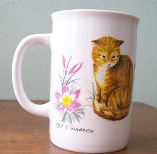   Korea CoffeeTea Mug Yellow Tabby Cat Kitten Pink Flowers FJ Warren