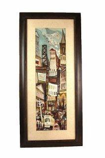 Signed Mid century Watercolor Cityscape Streetcar Bridges etc 