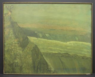   Favero, Oil Masonite, Stag at Waterfalls Landscape, 33 x 40 1/2 1980s