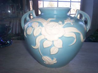 vintage weller pottery blue cameo rose handled vase large time