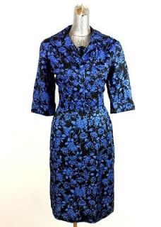 vtg 40s womens black blue floral 2PC DRESS SUIT OUTFIT silk cocktail 