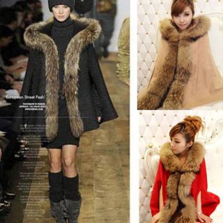 Womens 2012 Woolen Coat Big Real Raccon Fur Cape Thicken Jacket Wraps 