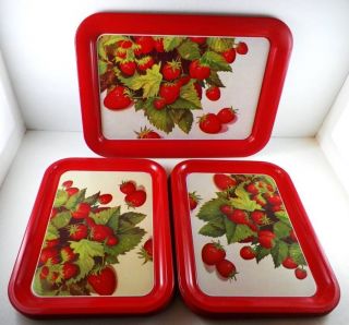 Vintage MCM Red Metal Tole Style Strawberry Trays TV Bed Set 12 w 