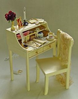 Dolls house miniature Antiqued Cream Ladies Filled Writing Desk