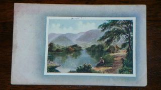 Vintage Antique Postcard   Man Fishing in Lake   w/ 1 cent Ben 