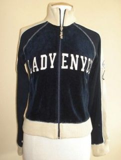 Womens Lady Enyce Navy Blue & Tan Velour Varsity Ski Track Jacket size 