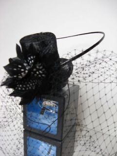 Sinamay Mini Top 4 Hat w/Veil & Black Gray Feathered Flower 4 Season 