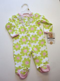 NWT New Carters Newborn 0 Cotton Pajama Sleeper Lime Green Pink 