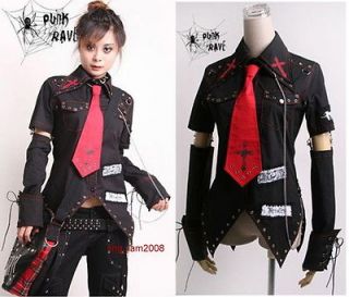 Unisex VISUAL kei PUNK Gothic KERA Lolita shirt top Blouse + Red Tie 