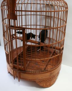 Vintage Large 20 Bamboo Wooden Bird Cage Carved Cranes and Fans 