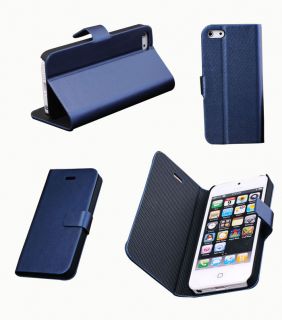 For iPhone 5 PU Leather Flip Case Cute Dark Blue Cover Screen 