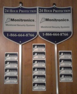 AUTHENTIC MONITRONICS SECURITY ALARM SYSTEM YARD SIGNS & 14 WINDOW 