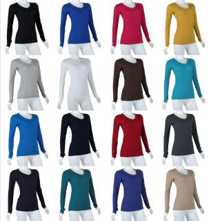Warm KNIT Long Sleeve Waffle Thermal V neck STRETCH Cotton T shirt Top 