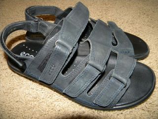 Womens Ecco Light Black Leather 3 Velcro Strap Walking Sandals Shoes 