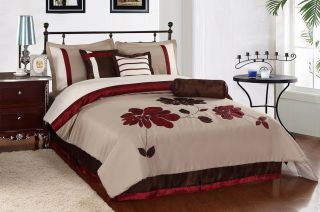 7pcs Burgundy Brown Applique Flower Comforter Set Bed in a bag King 