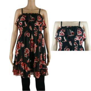 New Plus Size Junior Black Red Chiffon Coral Flower Floral Smocked 